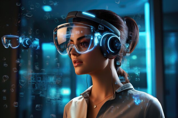 Mulher usando fone de ouvido de realidade virtual com interface de holograma óculos de realidade virtual tecnologia de inovação ia generativa