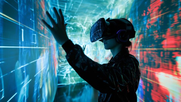 Mulher usando fone de ouvido de realidade virtual inovação digital verde tecnologia do futuro VR disruptiva