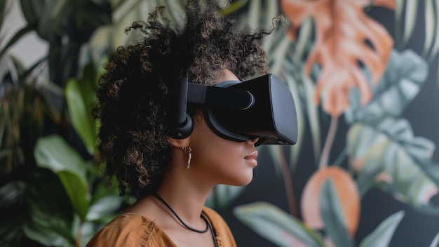 Mulher usando fone de ouvido de realidade virtual inovação digital verde tecnologia do futuro VR disruptiva