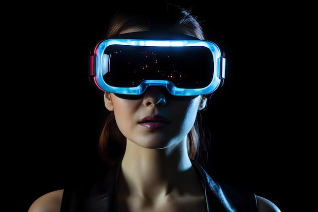 Mulher usando fone de ouvido de realidade virtual VR gadgets educação on-line ou conceito de jogo Generative AI