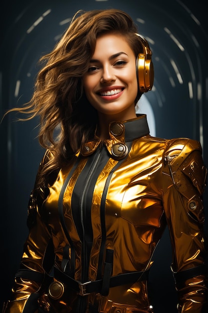 Mulher usando fones de ouvido e jaqueta dourada brilhante sorrindo para a câmera AI generativa
