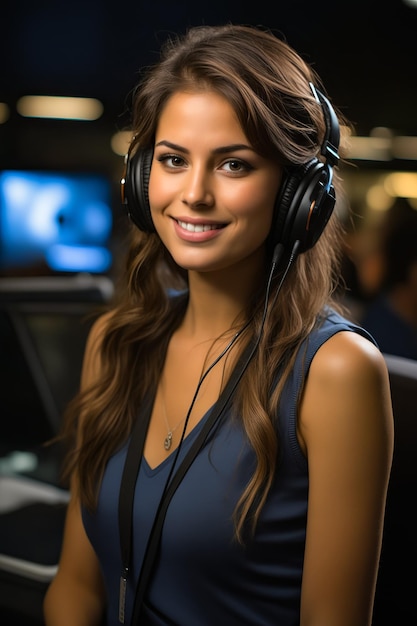 Mulher usando fones de ouvido e sorrindo para a câmera AI generativa