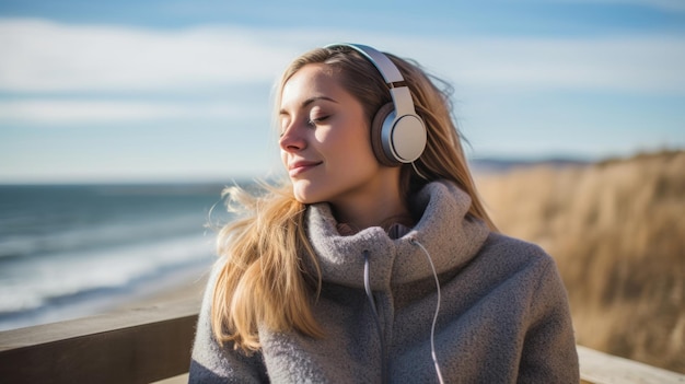 Mulher usando fones de ouvido ouvindo música respirando ar fresco relaxando sentado em um banco no inverno na praia