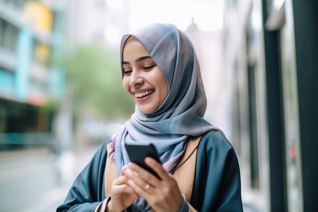 Mulher usando hijab usando smartphone em uma cidade