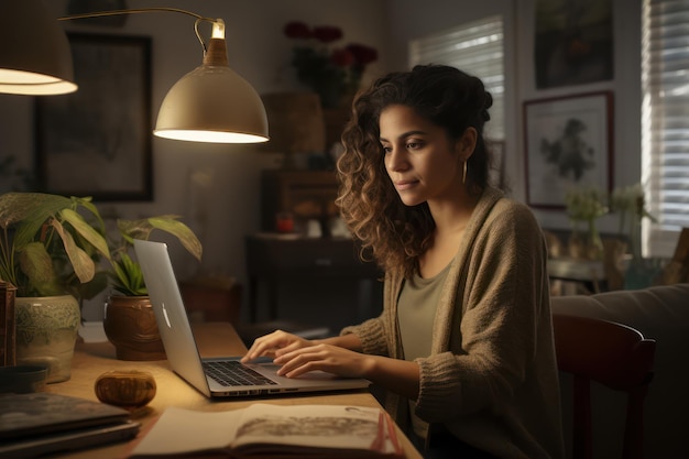 Mulher usando laptop em casa