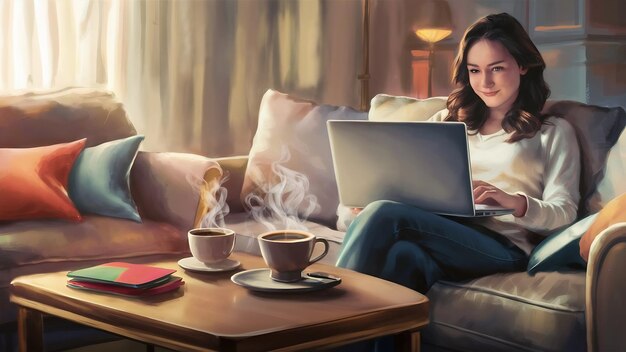 Mulher usando laptop em sofá confortável em casa