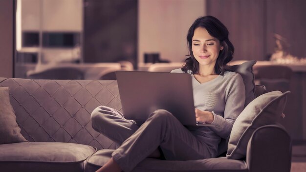 Mulher usando laptop em sofá confortável em casa