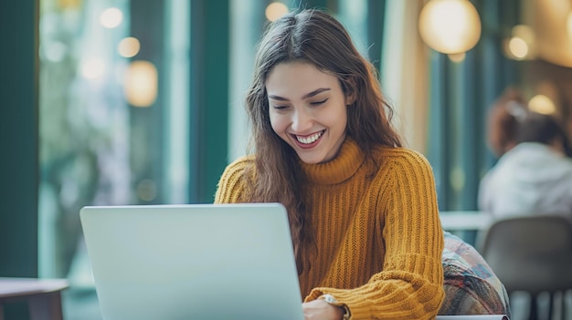 Mulher usando laptop na mesa