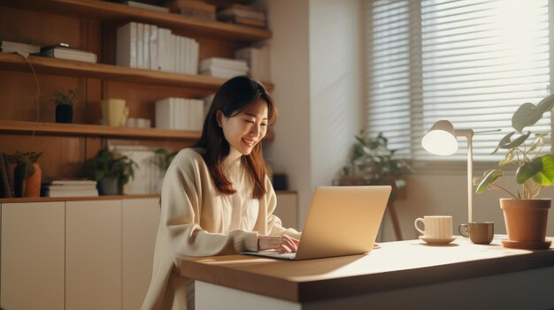 Mulher usando laptop na secretária