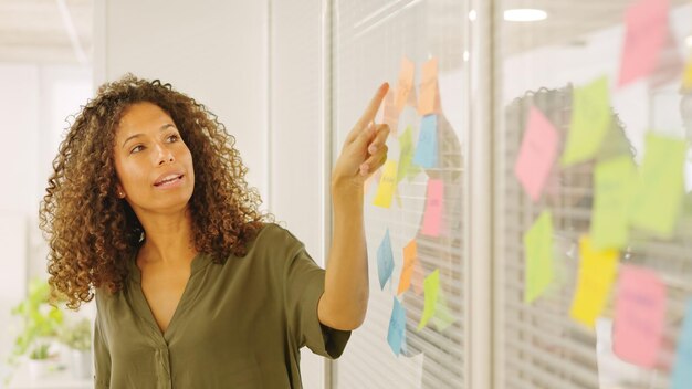 Mulher usando notas adesivas para apresentar ideias em um coworking