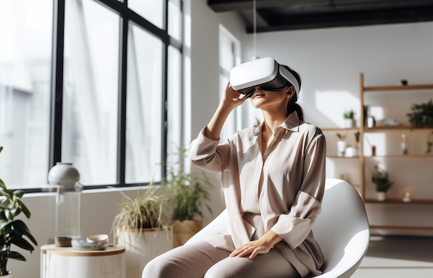 Mulher usando óculos de realidade virtual em um estúdio de design de interiores moderno