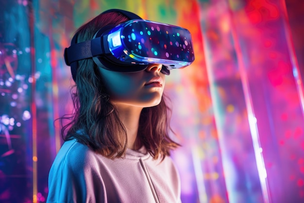 Mulher usando óculos de realidade virtual em um mundo virtual colorido Conceito de tecnologia futura