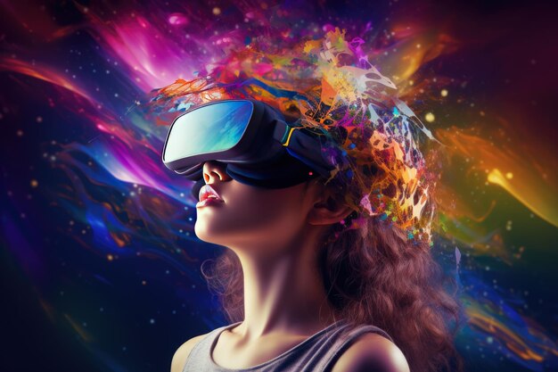 Mulher usando óculos de realidade virtual em um mundo virtual colorido conceito de tecnologia futura
