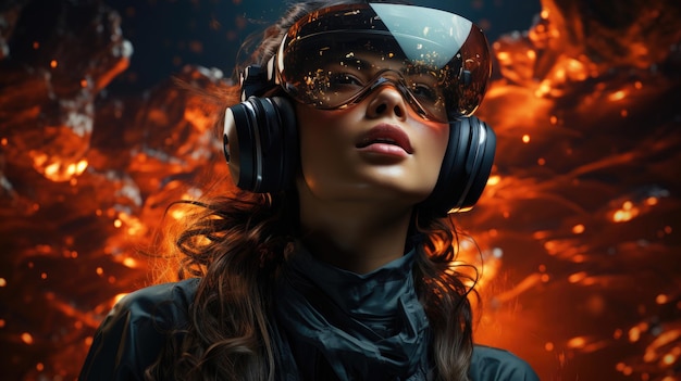 Mulher usando óculos de realidade virtual Generative Ai