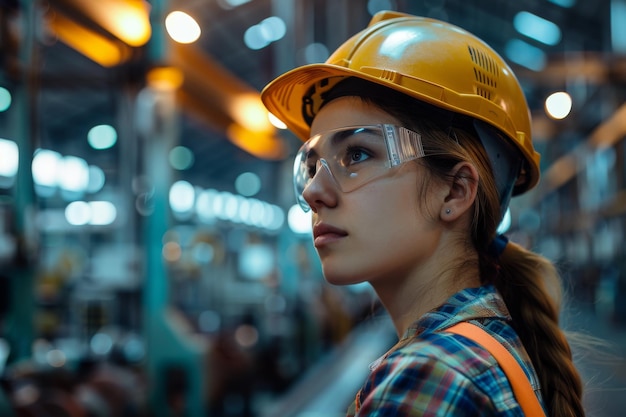 Foto mulher usando óculos de segurança e capacete