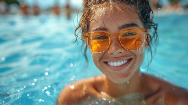 Mulher usando óculos de sol na piscina