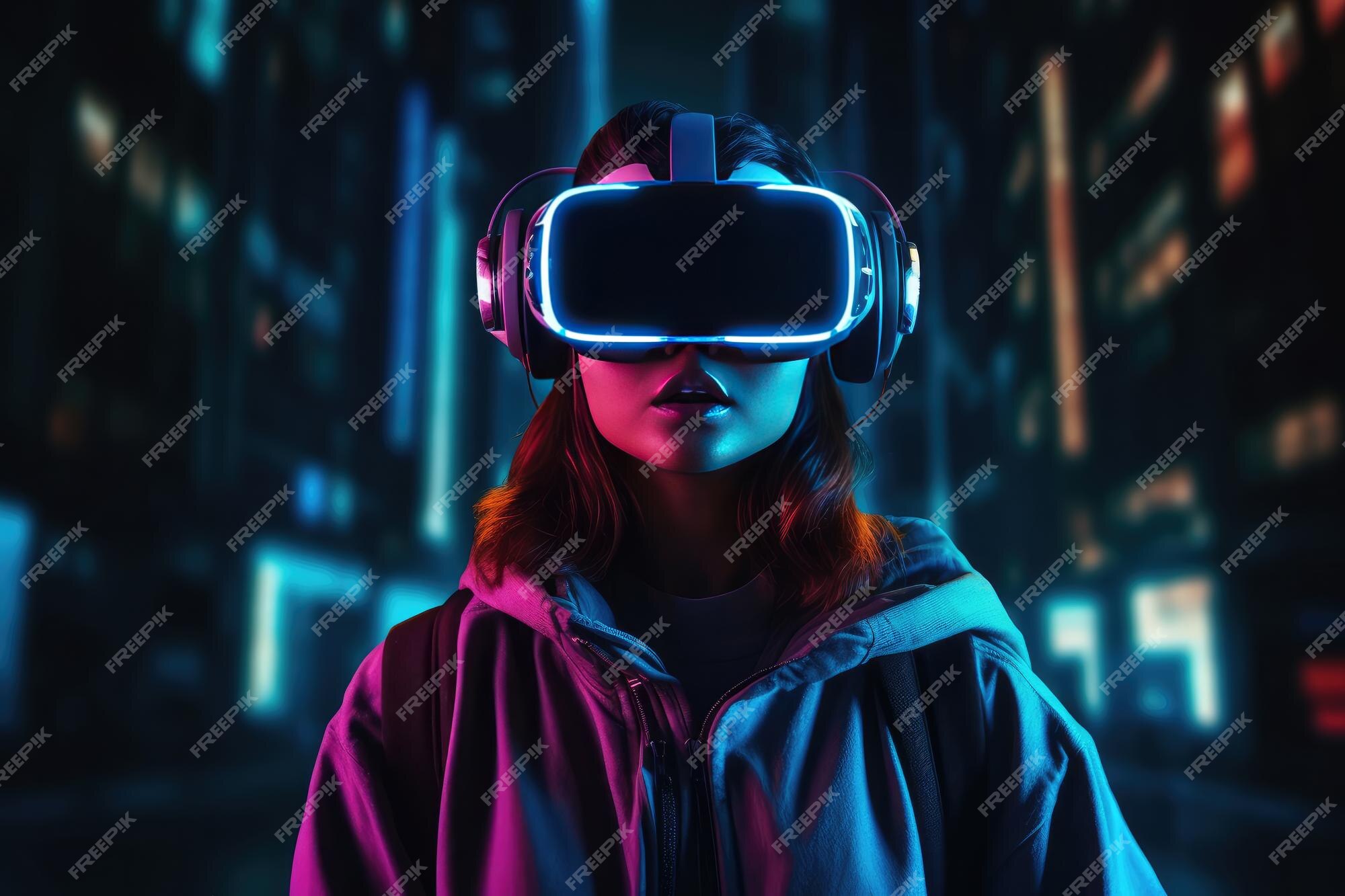 Mulher usando fone de ouvido de realidade virtual vr gadgets educação  on-line ou conceito de jogo generative ai