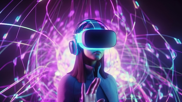 Mulher usando óculos VR no conceito Metaverse VR AR no ciberespaço