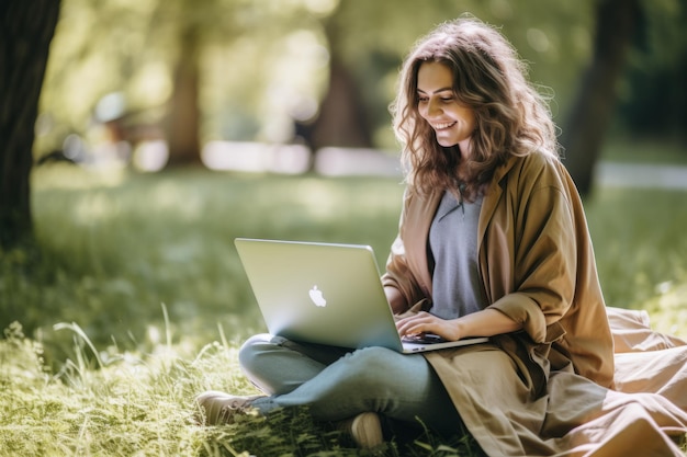 mulher usando seu lap top no parque no estilo de índigo claro e bronze claro