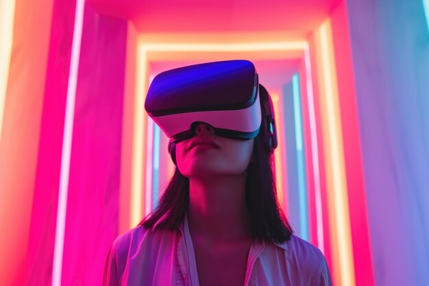 Mulher usando simulador de realidade virtual em uma sala de luz de néon brilhante