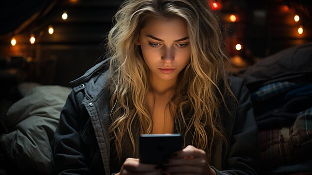 Mulher usando smartphone à noite Generative Ai