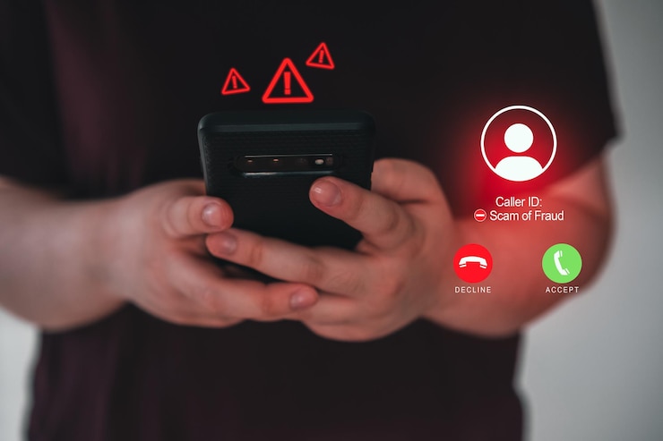 Foto mulher usando smartphone com chamada indesejada de entrada interface vr spam scam phishing e fraude