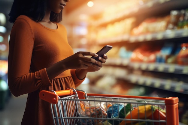 Mulher usando smartphone enquanto faz compras no supermercado