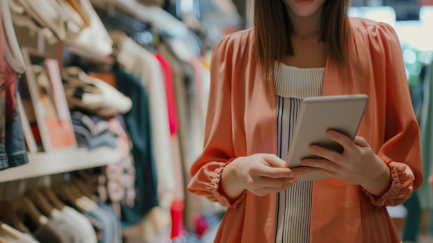 Mulher usando tablet em uma boutique exemplificando compras modernas