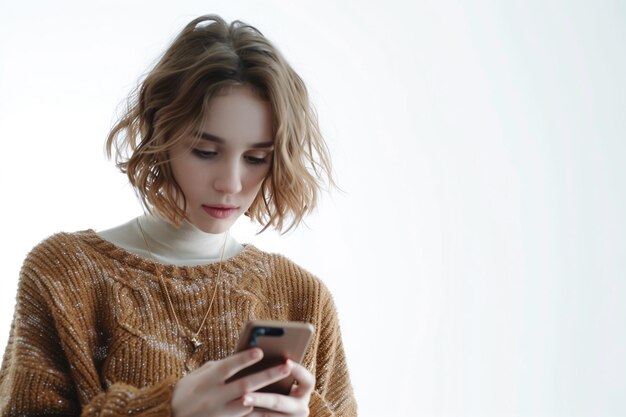 Mulher usando telefone celular isolada em fundo branco em foto de alta resolução