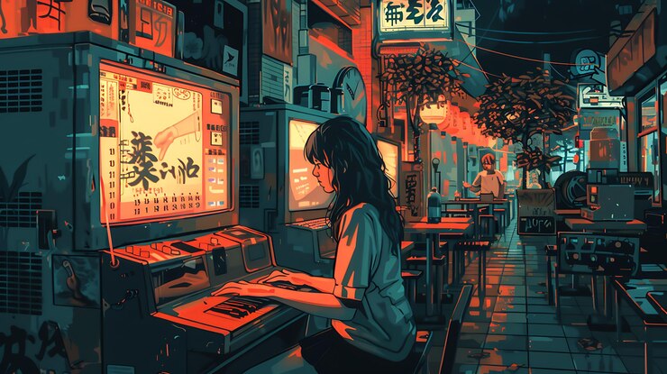 Foto mulher usando um computador vintage em um beco japonês à noite
