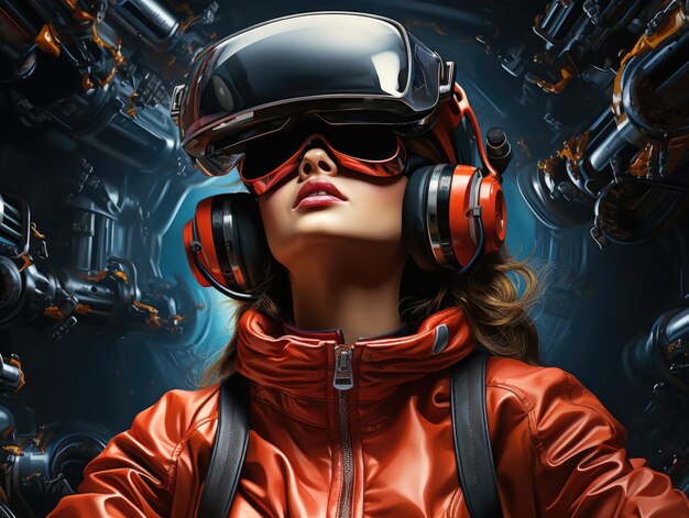 Mulher usando um fone de ouvido VR, ilustração de arte digital do mundo virtual futurista e IA generativa colorida