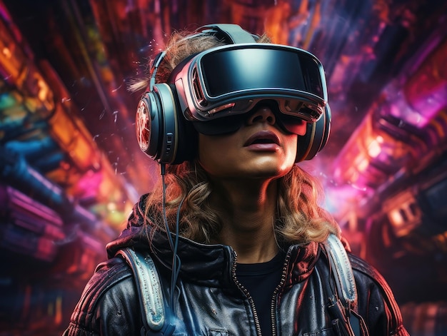 Mulher usando um fone de ouvido VR ilustração de arte digital do mundo virtual futurista e luz neon colorida ao fundo IA generativa