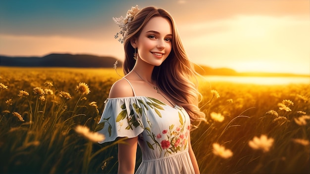 mulher usando um vestido nas imagens de posição central da grama de verão com IA gerada