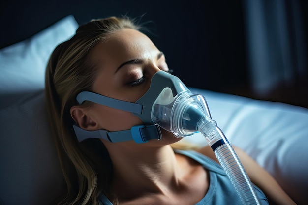 mulher usando uma máquina de CPAP para parar de sufocar e roncar de apneia obstrutiva do sono