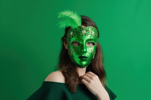 Mulher usando uma máscara verde com penas verdes e um fundo verde