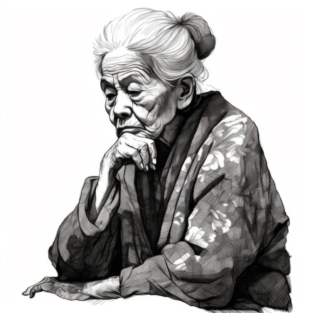 Mulher velha asiática em pensamento e dúvidas ilustração monocromática Personagem feminina com rosto sonhador em fundo abstrato Ai gerou cartaz de esboço preto e branco