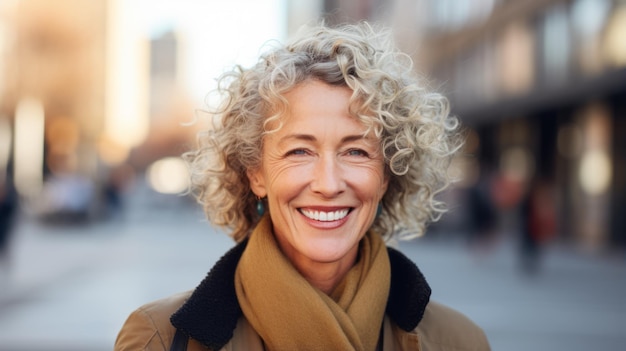 Mulher velha branca sorridente com cabelo loiro encaracolado foto retrato de pessoa casual na rua da cidade fotorrealista ai gerada ilustração horizontal