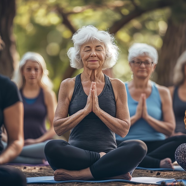 Mulher velha de cabelos grisalhos relaxa meditando na floresta com seu grupo