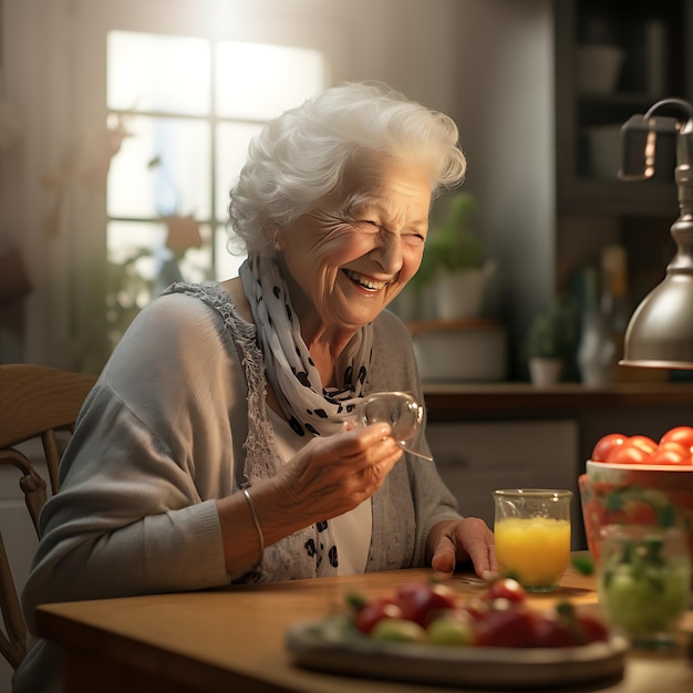 Foto mulher velha desfrutando de suco de frutas na cozinha doméstica