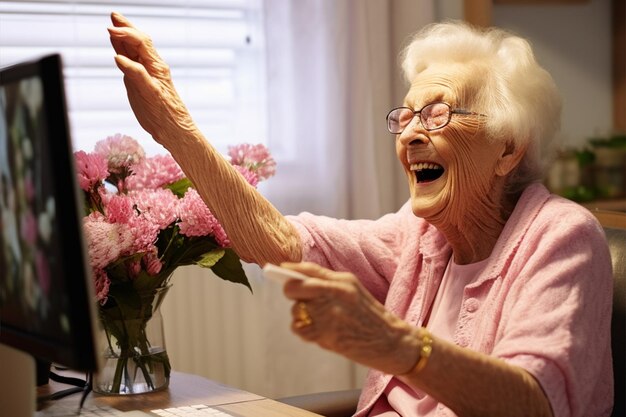 Mulher velha e feliz falando em videoconferência no computador