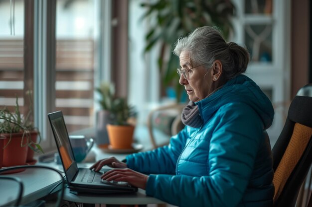 Foto mulher velha em uma jaqueta azul está sentada confortavelmente em uma poltrona e usando um laptop em sua casa