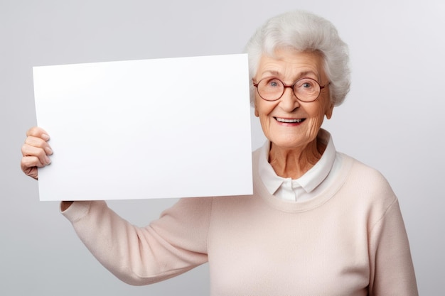 Mulher velha feliz segurando uma bandeira branca em branco isolada retrato de estúdio