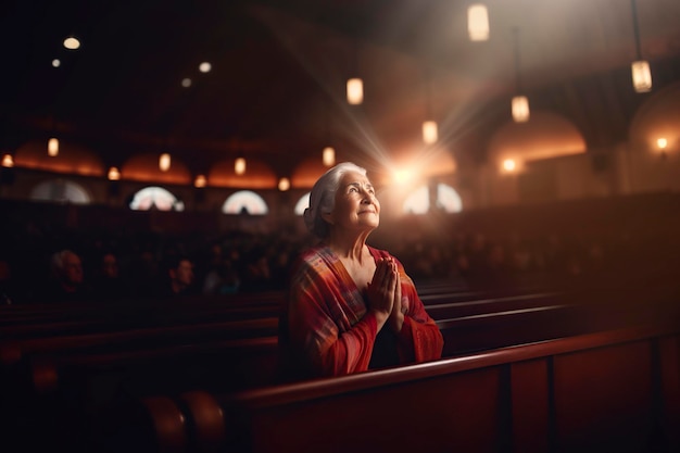 Foto mulher velha na igreja dizendo uma oração para o espírito santo