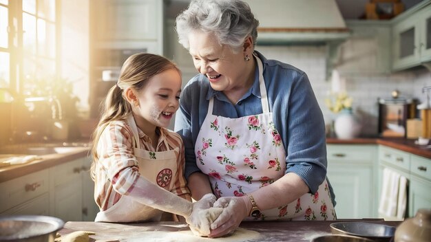 Mulher velha numa cozinha com uma neta jovem.