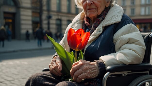 Foto mulher velha sentada em uma cadeira de rodas na rua com um buquê de tulipas na mão