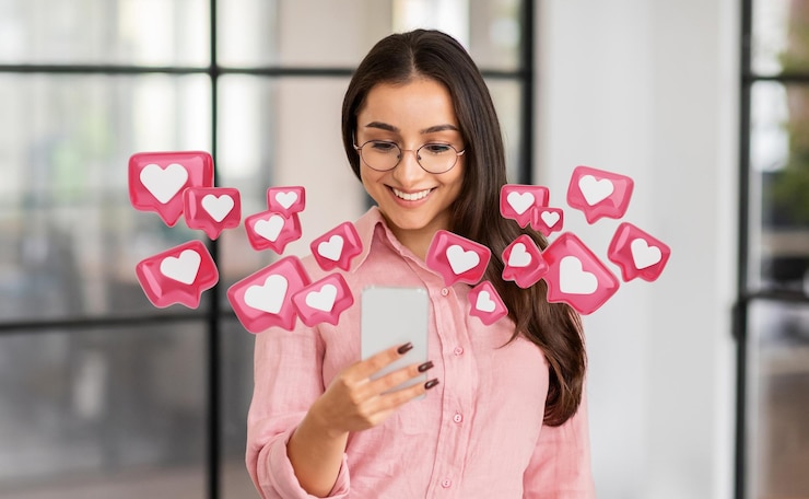 Foto mulher verificando smartphone para gostos de mídia social em escritório moderno
