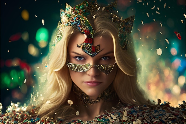 Mulher vestida com fantasia de carnaval com fundo de confete e flâmulas, feita com