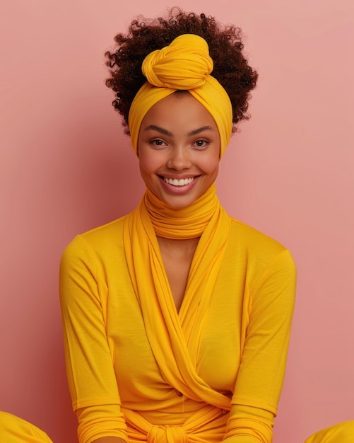 Mulher vestida de amarelo sorri felizmente