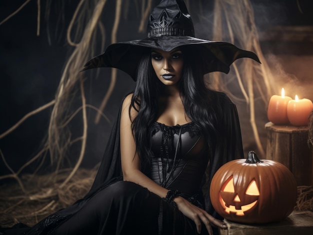 Mulher vestida de bruxa para o Halloween