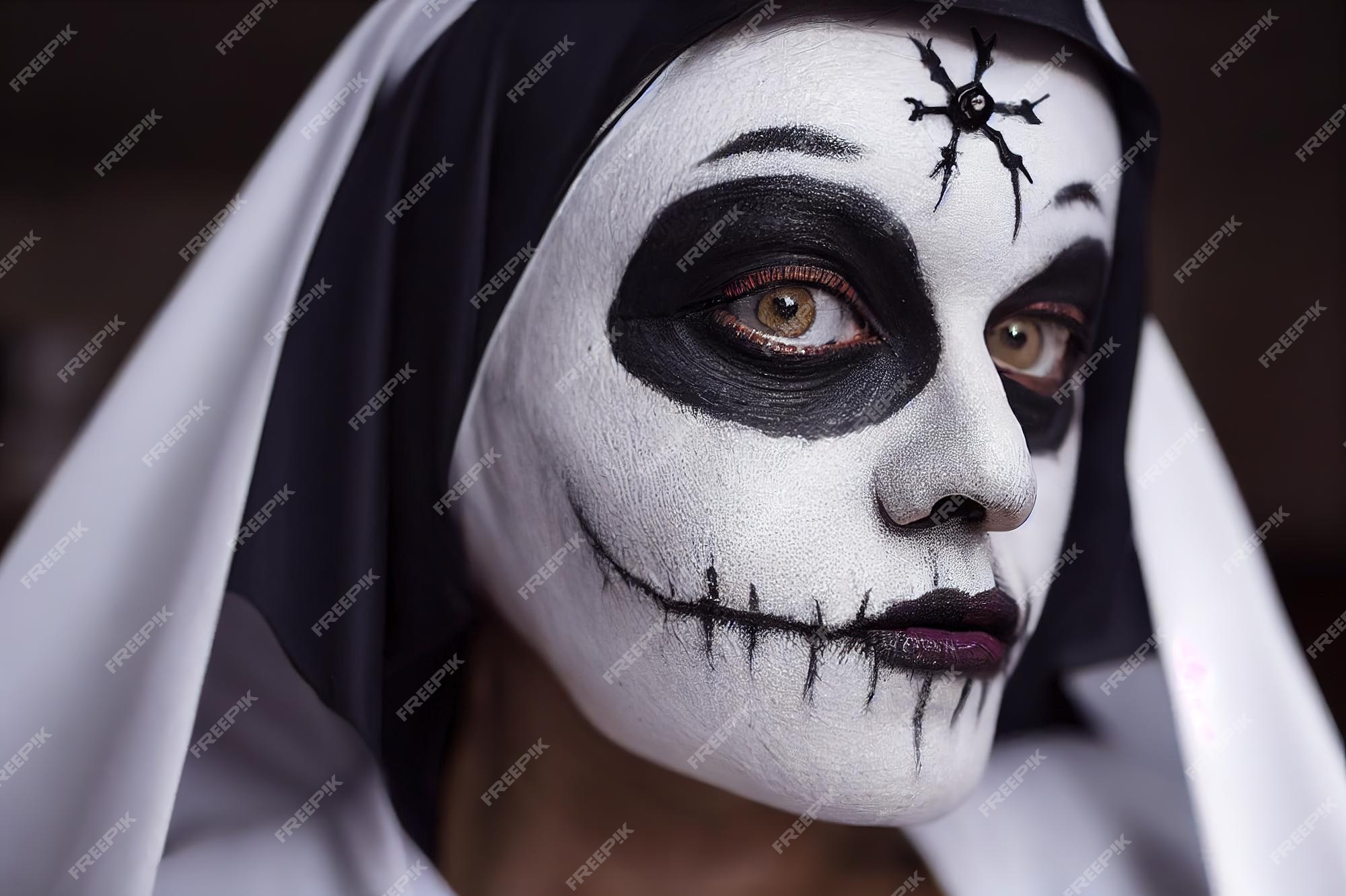 Mulher vestida de freira para o halloween com maquiagem de caveira